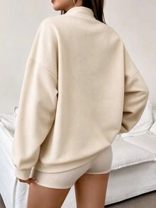 INAWLY 女款寬鬆休閒立領半拉鍊運動衫 - 杏色 - 查看 2