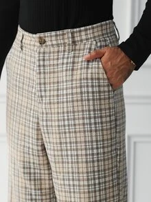 HUEFORM Men's Old Money Khaki Plaid Vintage High-Waisted Slightly Flared Trousers, Commute Plaid Casual Home Daily Outing All Season Versatile Long Pants - Brown - View 3