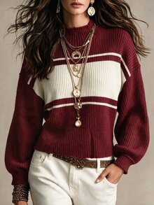 SHEIN كنزة صوفية نسائية جديدة للخريف والشتاء بتصميم كتل لونية عتيقة وياقة وهمية. ملابس علوية حمراء أنيقة بقصة ضيقة وأكمام فانوس. نسيج صوفي مضلع ناعم، طابع عتيق. - متعدد الألوان - مشاهدة 2