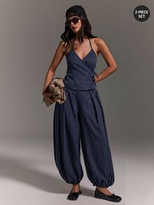 Athîral Women's Casual Open Neck Cold Shoulder Solid Color Lace Up Sleeveless Top And Balloon Pants 2 Pieces Set, Suitable For Daily Wear, Dates, And Parties - Navy Blue - View 3