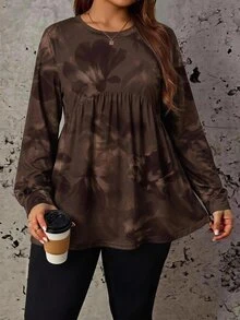 SHEIN LUNE Vintage Tie-Dye Floral Minimalist Casual Plus Size Loose Long Sleeve Shirt, Suitable For Spring And Autumn Fall - Multicolor - View 1