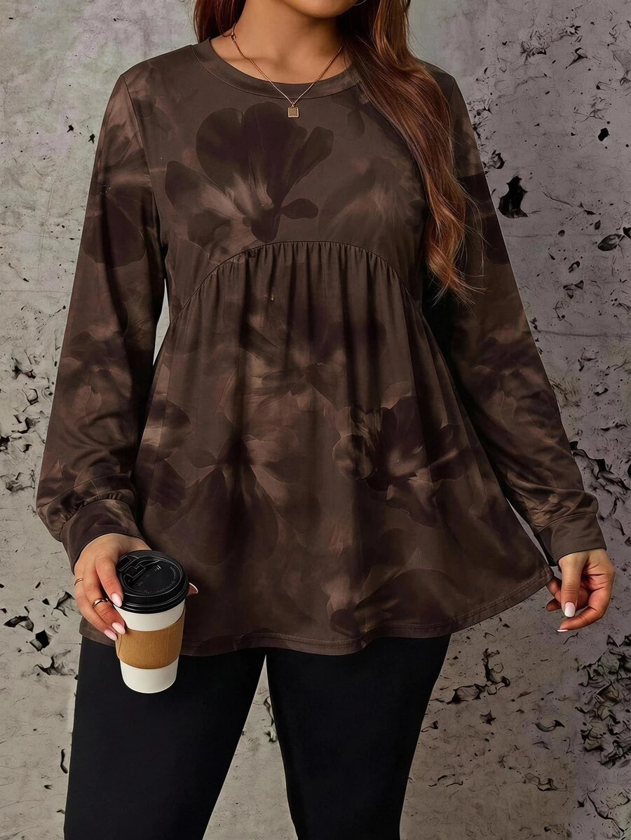 SHEIN LUNE Vintage Tie-Dye Floral Minimalist Casual Plus Size Loose Long Sleeve Shirt, Suitable For Spring And Autumn Fall - Multicolor - View 1