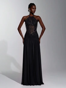 Elitara Elegant Minimalist Fashion Black Sequin Tassel Mesh Patchwork Halter Neck Backless Pleated A-Line Long Formal Evening Gown For Women - Black - View 5