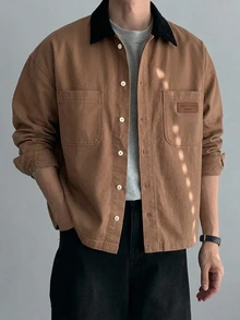 DAZY 春秋拼接領撞色水洗做舊男士牛仔夾克 - 棕色 - 查看 4