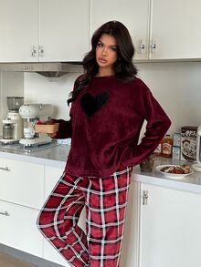 ZzzCrew Heart Embroidered Round Neck Top & Plaid Print Long Pants Comfortable Plush Pajama Set - Red - View 6