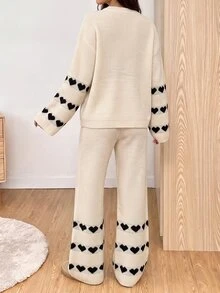 Mulvari Women's Loose Heart Jacquard Knit Sweater 2 Pieces Set, Autumn/Winter Casual Going Out - Apricot - View 2