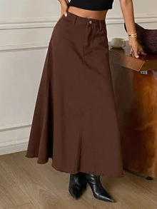 DAZY Women's Fashion Button Pocket Denim Skirt - Brown - View 8