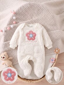 SHEIN 新生兒花卉圖案休閒日常長袖冬季連身衣 - 白色 - 查看 3