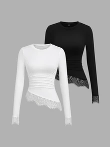 Sweetra Y2K Casual Versatile Contrast Lace Asymmetrical Hem Commuter Preppy Style T-Shirt - Multicolor - View 4