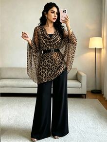 Rafferiza Fall Winter Leopard Print Draped Neck Sheer Chiffon Two‑Piece Set Elegant Wide Leg Pants Outfit Par - Multicolor - View 2