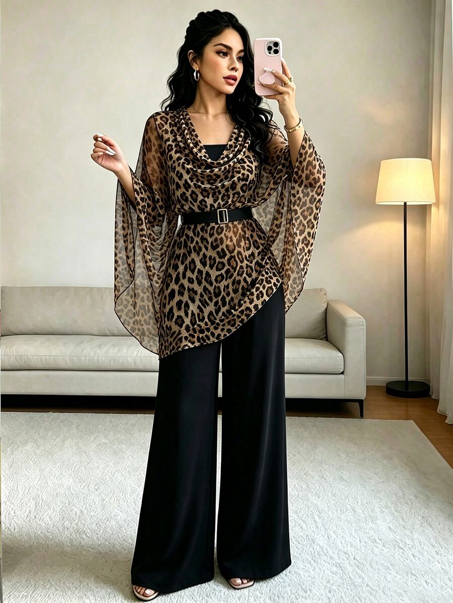 Rafferiza Fall Winter Leopard Print Draped Neck Sheer Chiffon Two‑Piece Set Elegant Wide Leg Pants Outfit Par