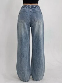 SHEIN 女童休閒日常旅行牛仔褲，附口袋與鈕扣設計 - 中等水洗藍 - 查看 2