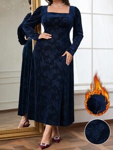 Modelyn Plus Size Women's Square Neck Embroidered Long Sleeve Elegant Dress - Navy Blue - View 1