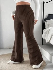 SHEIN EZwear 大尺碼女款素色開衩羅紋喇叭褲 秋季 - 巧克力棕 - 查看 5
