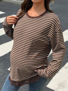 DAZY Patchwork Hem Lace Loose Long Sleeve Pullover Casual Daily Korean Style Spring Autumn Maternity T-Shirt - Brown - View 7