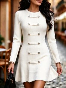 Penseblé Women's Autumn/Winter Vintage Napoleon Style Round Neck Button Decor Waist-Cinching A-Line Sweater Dress - Beige - View 4