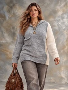 Roveilla Plus Size Women's Colorblock Pocket Hooded Long Sleeve Sweater - Multicolor - View 4
