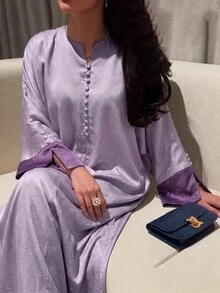 Al Najma 女款V領撞色喇叭袖阿拉伯風長洋裝，端莊優雅風格全身長裙，適合外出穿著 - 紫色 - 查看 4