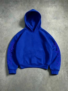 Manfinity Roghcode 男士字母刺繡長袖休閒連帽衫 - 藍色 - 查看 2