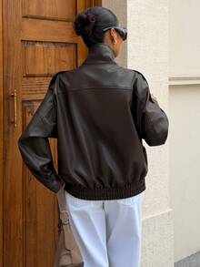 Siren Gaze Women's Solid Color PU Leather Fashion Versatile Long Sleeve Jacket - Brown - View 4