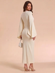 Bluhae 26 New Autumn/Winter Chiffon Flutter Long Sleeve Patchwork Knit V-Neck Women's Dress - Apricot - View 2