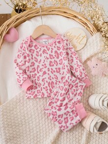 SHEIN 新生兒豹紋長袖上衣與長褲休閒日常居家睡衣套裝 - 粉色 - 查看 5