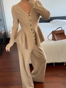 Livesso Women's Casual Solid Color Button V-Neck Sweater And Pants 2 Pieces Set - Coffee Brown - View 5