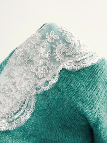 Bohemela 復古圓領蕾絲拼接針織開襟衫 - 綠色 - 查看 6