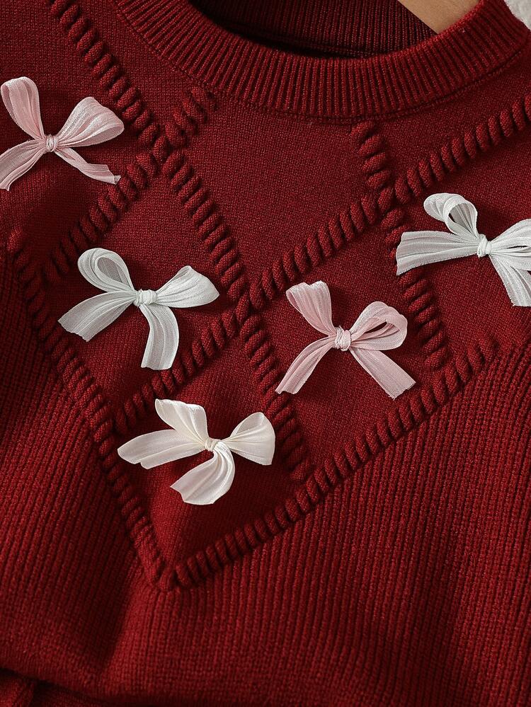 SHEIN 2pcs/Set Young Girls Toddler Round Neck Pullover Cute Long Sleeve 3D Multi-Color Bow Decor Sweater And Pleated Skirt, Soft Comfortable Fabric, Fashionable Outfit For Autumn/Winter, Suitable For Outings, Gatherings, Christmas, Holiday Parties, Entertainment And Various Occasions - Red - View 6