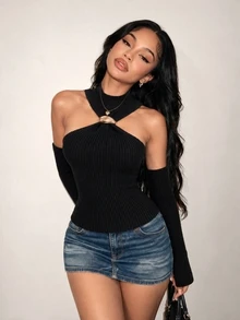 BamGleam Women's Sleeveless Black Ribbed Knit Sweater Top, Round Neck, Short Length, Cold Shoulder, Slim Fit, Casual Commute, Bold Avant-Garde, Vacation, Work, Party, Banquet, Evening, Gathering - Black - View 8