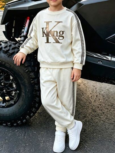 SHEIN 2pcs Kids Tween Boy Casual Sports Academy King Letter Print Crew Neck Pullover Long Sleeve Sweatshirt & Pants Set, Suitable For Commuting, School, Daily Casual, Vacation, Travel, Sports, Autumn/Winter