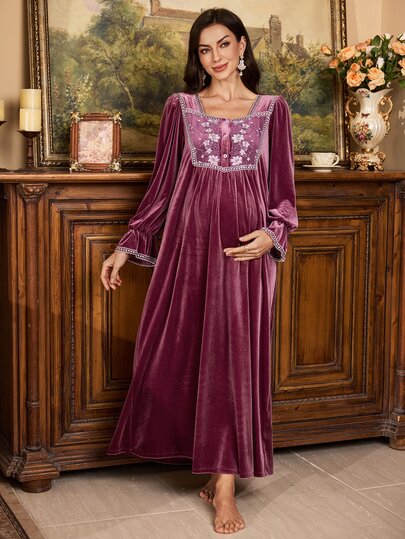 PalaceNights Vintage Embroidered Lace Square Neck Women's Autumn/Winter Velvet Maternity Nightgown, Wearable As Loungewear