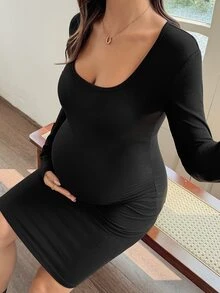 DAZY Solid Color Fitted Square Neck Short Dress, Elegant & Sexy, Vacation, Spring/Autumn, Maternity Dress - Black - View 4
