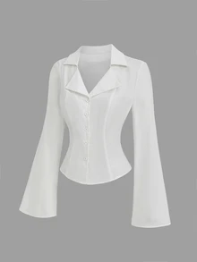Sweetra Women's Vintage Spicy Style Fitted Long Sleeve Blouse With Cinched Waist And Flared Hem - White - View 2