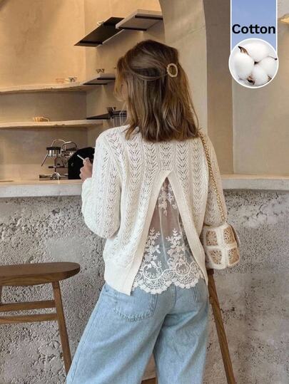 Serisse Women's Elegant Lace Patchwork Sweater,Elegant Pointelle Sweater, Cream White Long Sleeve Contrast Lace Hem Openwork Sweater For Fall Winter Outfit