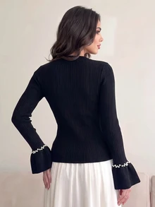 Modelyn Women's Black Beaded Slim Fit Autumn/Winter Sweater - Black - View 2