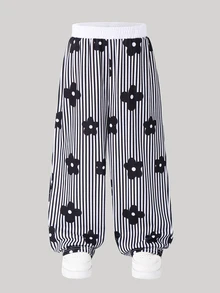 SHEIN 少女花卉圖案條紋休閒日常運動長褲 - 彩色 - 查看 1