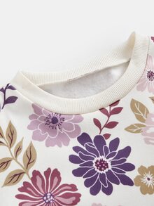 SHEIN Tween女孩花卉印花秋冬休閒百搭衛衣與內搭褲套裝 - 紫色 - 查看 3