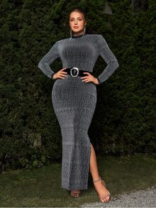VOLUPTÉ CURVE Plus Size Women's Beaded Decor Long Sleeve Fitted Elegant Dress Christmas - Silver - View 7