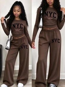 (1 Set) Tween Girls Fall Outfits NYC Letter Print Ruched Waist Long Sleeve Tops & Wide Leg Pants, Casual Fall Clothes - Multicolor - View 1