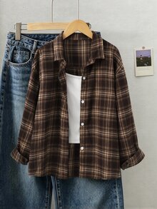 SHEIN 青少年女孩休閒時尚經典格紋布料襯衫，寬鬆版型，舒適，適合春秋日常通勤、外出、聚會、拍照、購物 - 棕色 - 查看 1