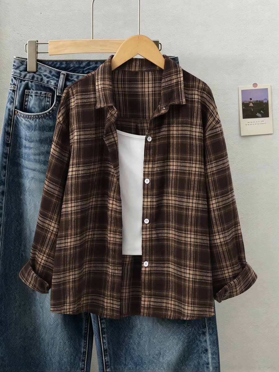 SHEIN 青少年女孩休閒時尚經典格紋布料襯衫,寬鬆版型,舒適,適合春秋日常通勤、外出、聚會、拍照、購物 - 棕色 - 查看 1