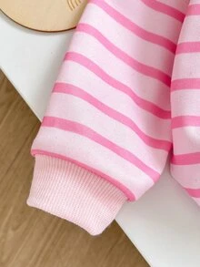 SHEIN 女嬰新生兒可愛熊刺繡圖案條紋圓領套頭衛衣與鬆緊腰長褲2件套，適合秋冬，百搭時尚休閒 - 彩色 - 查看 6