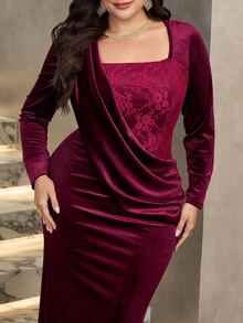 Modelyn Elegant Velvet & Contrast Lace Square Neck Draped Pleated Long Sleeve Fitted Regular Fit Plus Size Dress For Spring And Autumn - Burgundy - View 6