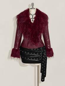 SHEIN ICON Women's Plus Size Faux Fur Patchwork Red Leather Jacket - Red - View 3