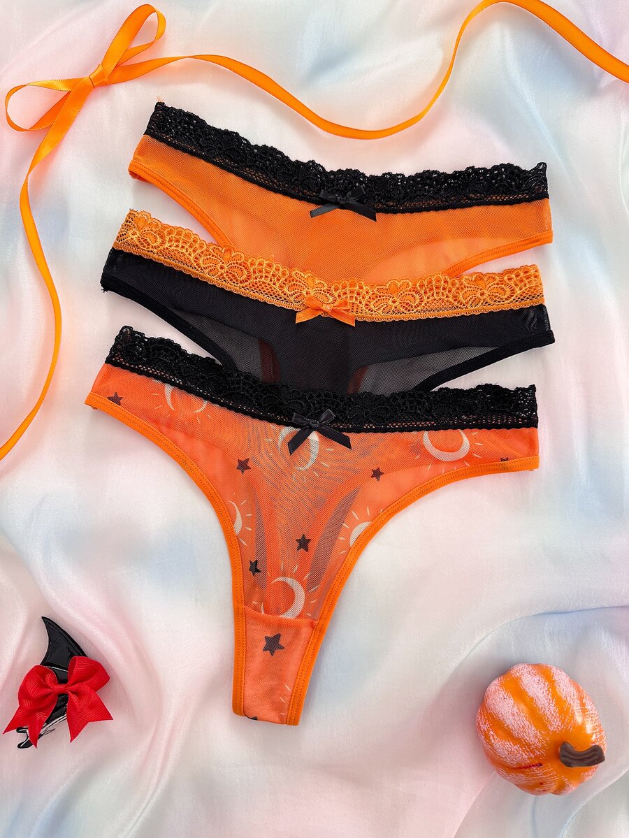 Eraneu Y2K Shibuya Girl Leopard Print Mesh Lace Patchwork Women's Narrow Waistband Panties 3pcs/Pack - Black - View 1