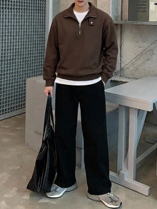 DAZY 男士純色 Polo 領可調節鈕扣設計套頭運動衫，秋冬季四分之一拉鍊男款 - 棕色 - 查看 4