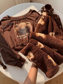 Comfortcana Women's Letter Cartoon Bear Print Sweatshirt And Waist Tie Long Pants Set - Brown - View 5
