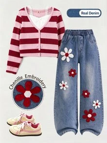 SHEIN Big Girls 2 Pieces Set Striped Faux Two Pieces Long Sleeve Top With 3D Floral Patchwork Wide Leg Denim Jeans - Multicolor - View 1