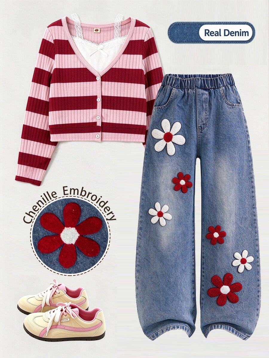 SHEIN Big Girls 2 Pieces Set Striped Faux Two Pieces Long Sleeve Top With 3D Floral Patchwork Wide Leg Denim Jeans - Multicolor - View 1